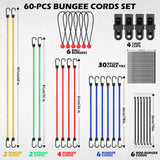 60-piece heavy duty bungee cord set with elastic cords, steel hooks, tarp clips, ball bungees and nylon cable ties for camping, tarps and car covers