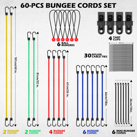 60-piece heavy duty bungee cord set with elastic cords, steel hooks, tarp clips, ball bungees and nylon cable ties for camping, tarps and car covers