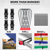 60-piece heavy duty bungee cord set with elastic cords, steel hooks, tarp clips, ball bungees and nylon cable ties for camping, tarps and car covers