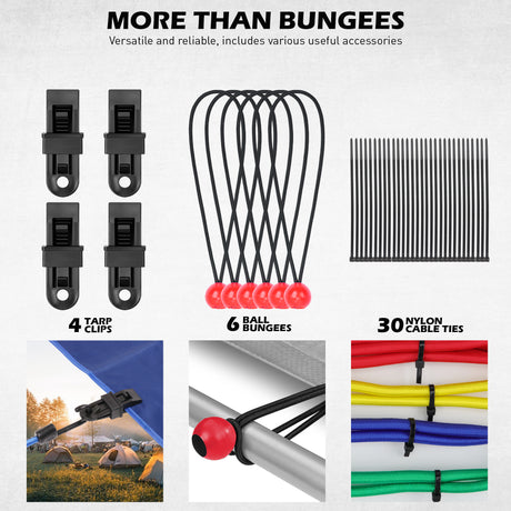 60-piece heavy duty bungee cord set with elastic cords, steel hooks, tarp clips, ball bungees and nylon cable ties for camping, tarps and car covers