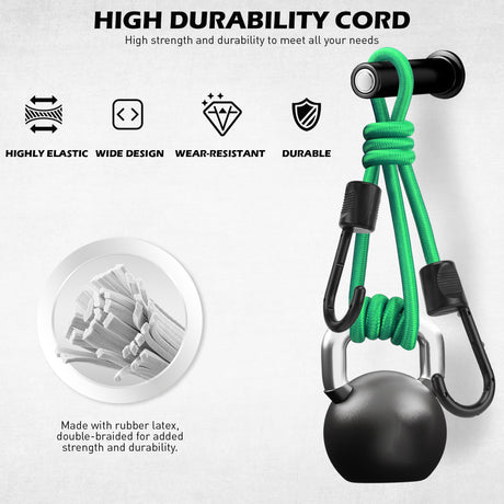 60-piece heavy duty bungee cord set with elastic cords, steel hooks, tarp clips, ball bungees and nylon cable ties for camping, tarps and car covers