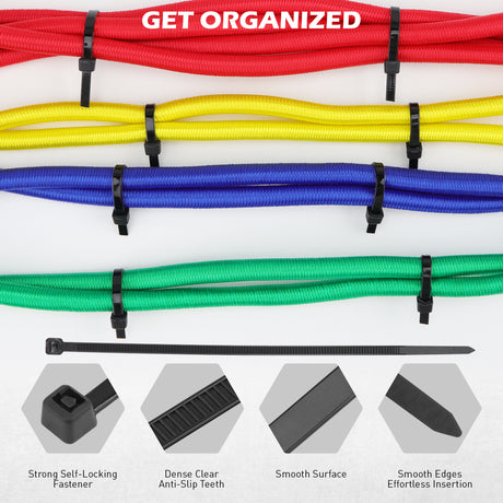 60-piece heavy duty bungee cord set with elastic cords, steel hooks, tarp clips, ball bungees and nylon cable ties for camping, tarps and car covers