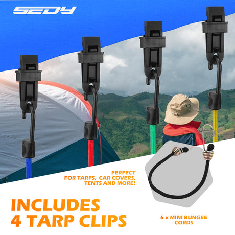 60-piece heavy duty bungee cord set with elastic cords, steel hooks, tarp clips, ball bungees and nylon cable ties for camping, tarps and car covers