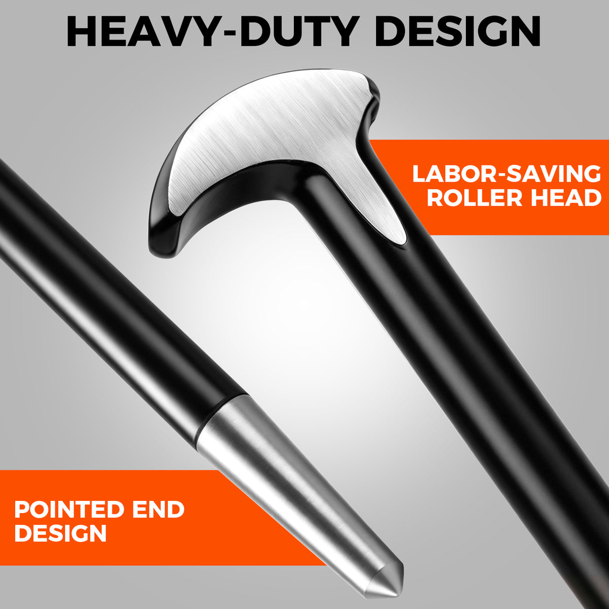 Set of four heavy-duty pry bars in various sizes, crafted from drop-forged hardened steel with a durable baked enamel finish. Each bar features a slim tapered end with a fine point tip for aligning parts and a rolling head hook end for enhanced leverage