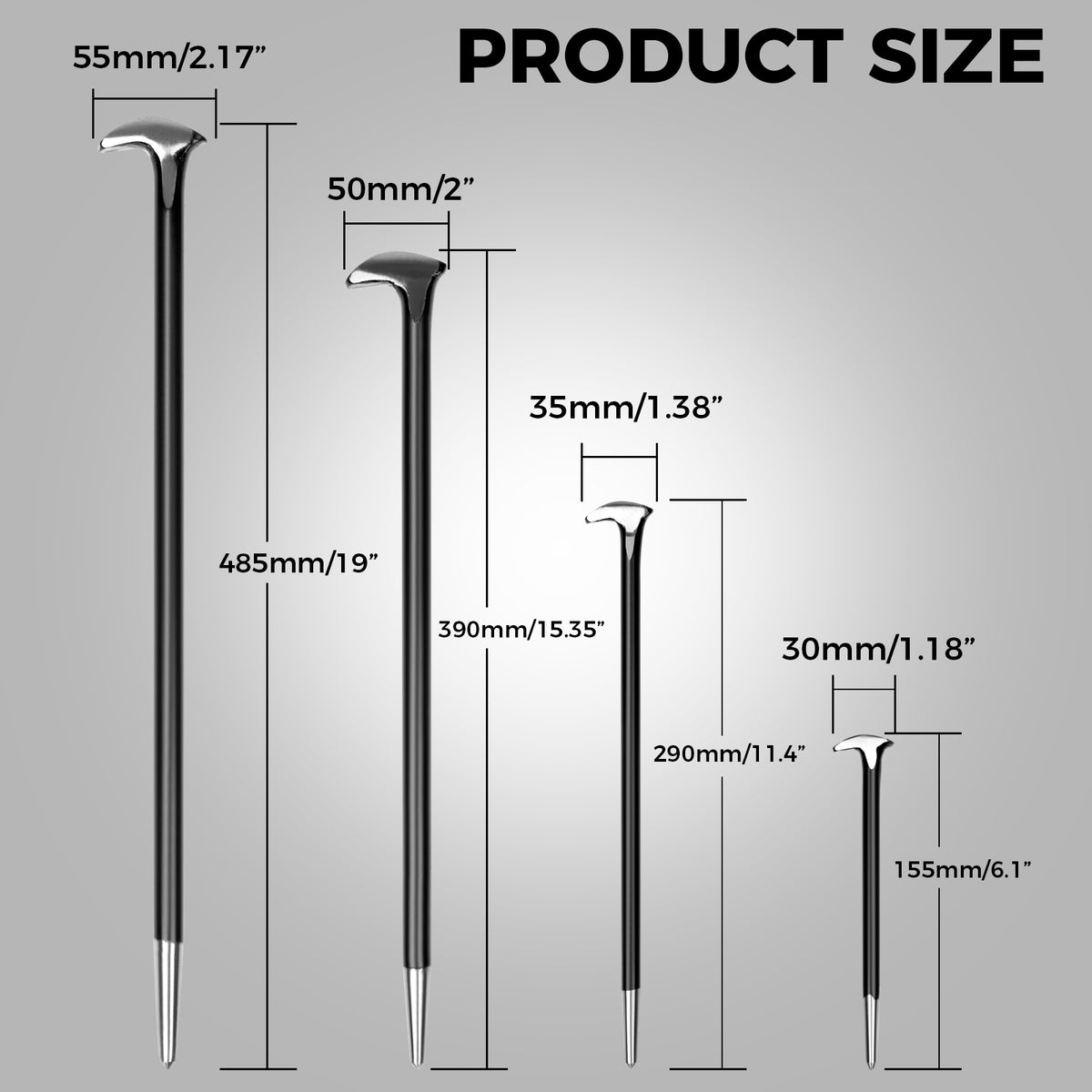 Set of four heavy-duty pry bars in various sizes, crafted from drop-forged hardened steel with a durable baked enamel finish. Each bar features a slim tapered end with a fine point tip for aligning parts and a rolling head hook end for enhanced leverage