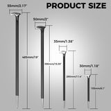 Set of four heavy-duty pry bars in various sizes, crafted from drop-forged hardened steel with a durable baked enamel finish. Each bar features a slim tapered end with a fine point tip for aligning parts and a rolling head hook end for enhanced leverage