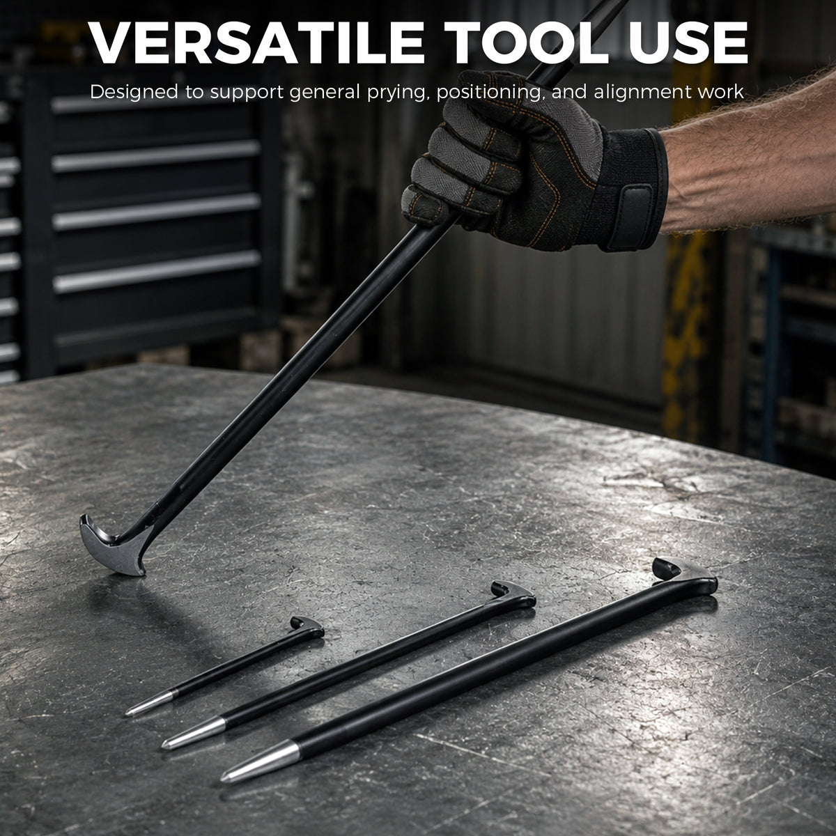 Set of four heavy-duty pry bars in various sizes, crafted from drop-forged hardened steel with a durable baked enamel finish. Each bar features a slim tapered end with a fine point tip for aligning parts and a rolling head hook end for enhanced leverage