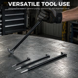 Set of four heavy-duty pry bars in various sizes, crafted from drop-forged hardened steel with a durable baked enamel finish. Each bar features a slim tapered end with a fine point tip for aligning parts and a rolling head hook end for enhanced leverage