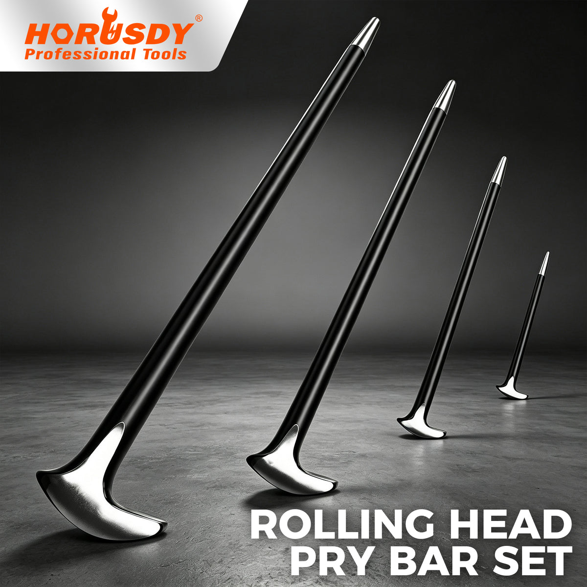 Set of four heavy-duty pry bars in various sizes, crafted from drop-forged hardened steel with a durable baked enamel finish. Each bar features a slim tapered end with a fine point tip for aligning parts and a rolling head hook end for enhanced leverage