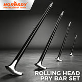 Set of four heavy-duty pry bars in various sizes, crafted from drop-forged hardened steel with a durable baked enamel finish. Each bar features a slim tapered end with a fine point tip for aligning parts and a rolling head hook end for enhanced leverage