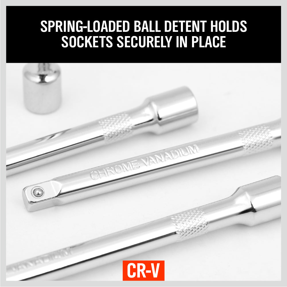 4-Piece 1/4 Inch Drive Socket Extension Bar Set, Chrome Vanadium Steel Ratchet Extensions in 50mm, 75mm, 100mm and 150mm with Spring Ball Detent