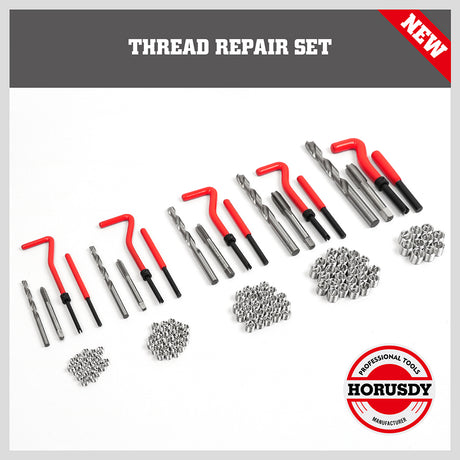 131-piece metric thread repair kit with wire thread inserts, drill bits, taps, installation tools, breaking pin tools, and red storage case for automotive repair