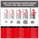 131-piece metric thread repair kit with wire thread inserts, drill bits, taps, installation tools, breaking pin tools, and red storage case for automotive repair