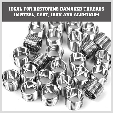 131-piece metric thread repair kit with wire thread inserts, drill bits, taps, installation tools, breaking pin tools, and red storage case for automotive repair