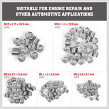 131-piece metric thread repair kit with wire thread inserts, drill bits, taps, installation tools, breaking pin tools, and red storage case for automotive repair