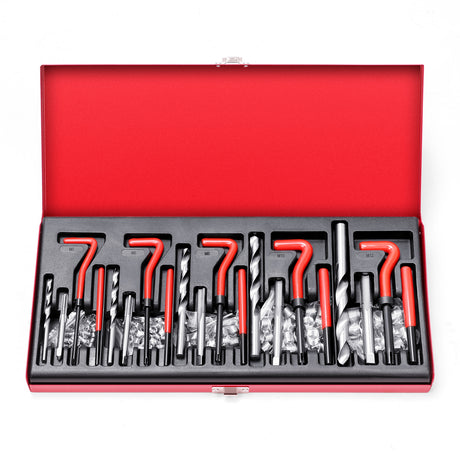 131-piece metric thread repair kit with wire thread inserts, drill bits, taps, installation tools, breaking pin tools, and red storage case for automotive repair