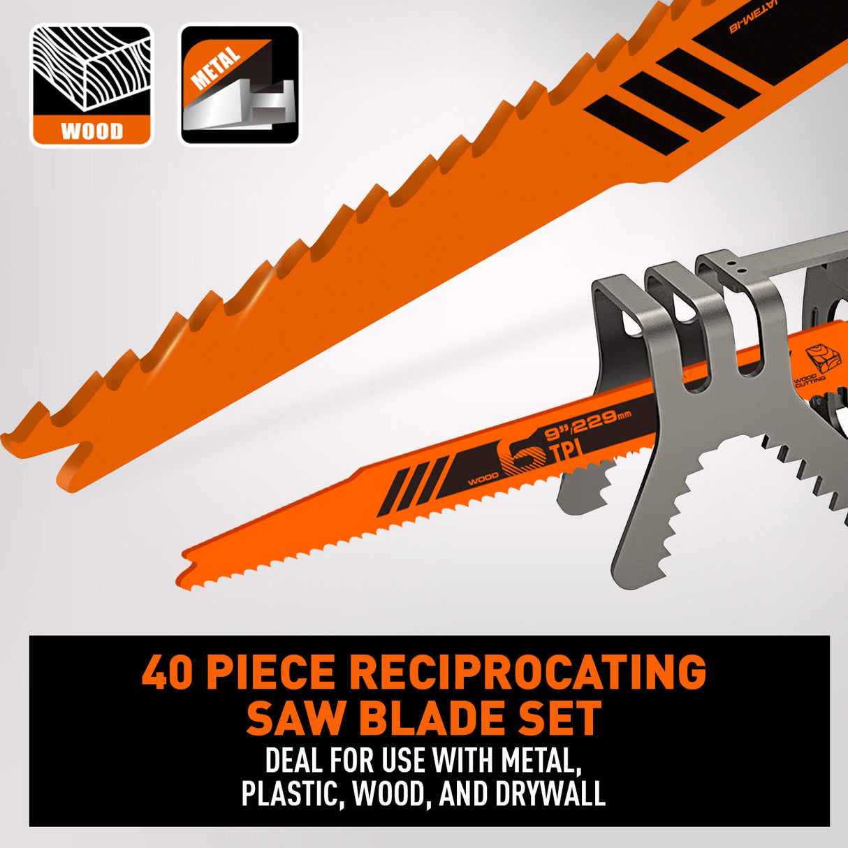 40 piece reciprocating saw blades set with organizer pouch for wood cutting, metal cutting, pruning, demolition and general purpose Sawzall applications