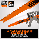 40 piece reciprocating saw blades set with organizer pouch for wood cutting, metal cutting, pruning, demolition and general purpose Sawzall applications