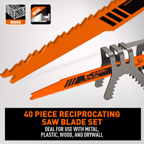 40 piece reciprocating saw blades set with organizer pouch for wood cutting, metal cutting, pruning, demolition and general purpose Sawzall applications