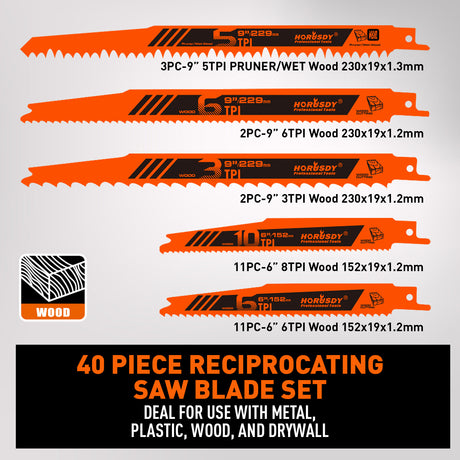 40 piece reciprocating saw blades set with organizer pouch for wood cutting, metal cutting, pruning, demolition and general purpose Sawzall applications