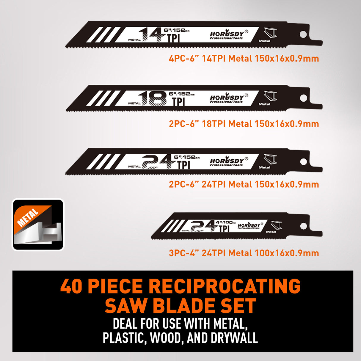 40 piece reciprocating saw blades set with organizer pouch for wood cutting, metal cutting, pruning, demolition and general purpose Sawzall applications