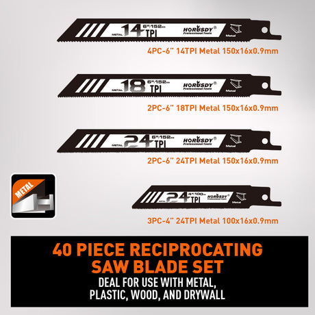 40 piece reciprocating saw blades set with organizer pouch for wood cutting, metal cutting, pruning, demolition and general purpose Sawzall applications