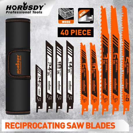 40 piece reciprocating saw blades set with organizer pouch for wood cutting, metal cutting, pruning, demolition and general purpose Sawzall applications