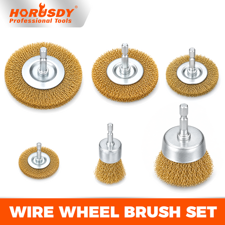 6-piece carbon steel wire wheel and cup brush set with 1/4-inch hex shank for drill, rust removal, paint stripping and metal cleaning