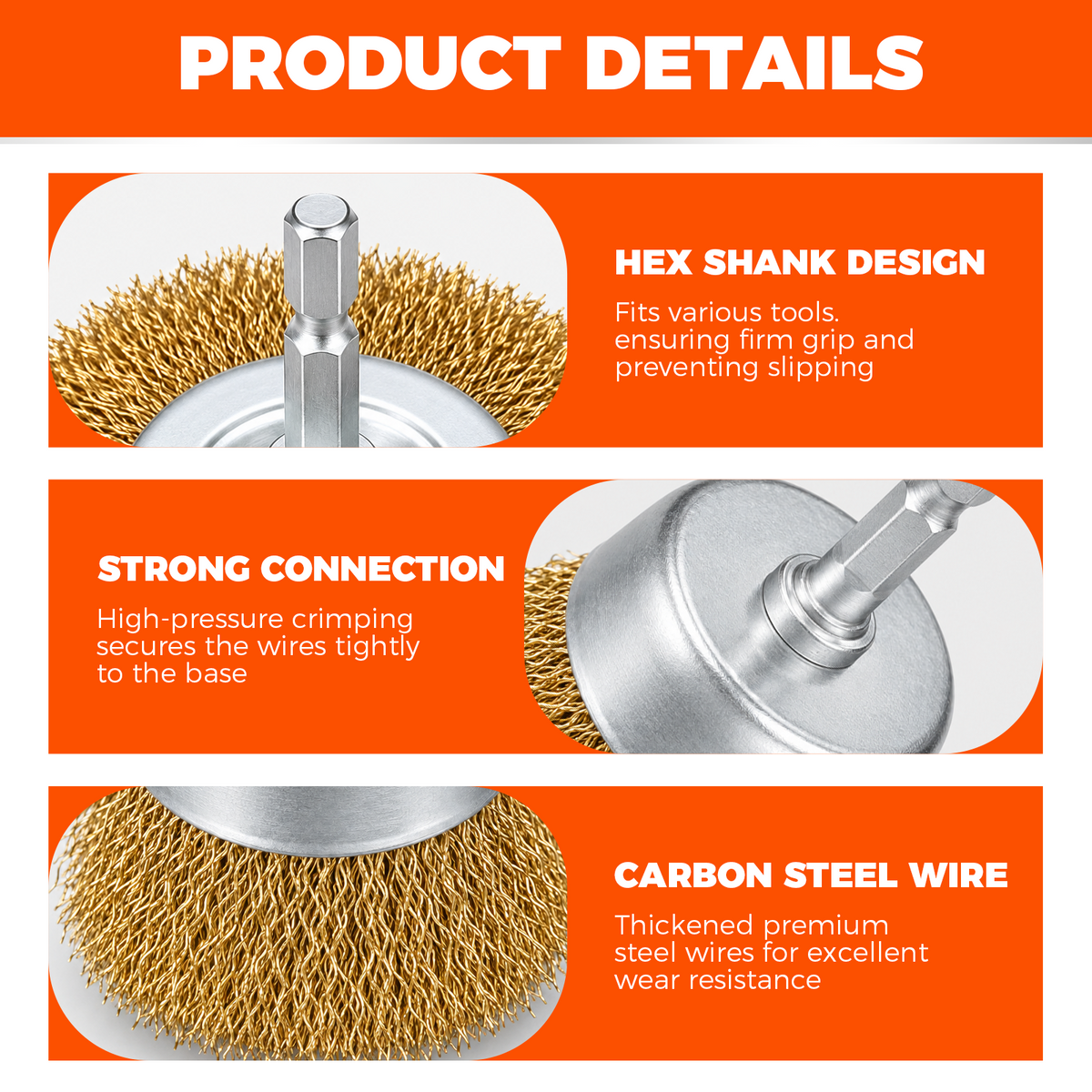 6-piece carbon steel wire wheel and cup brush set with 1/4-inch hex shank for drill, rust removal, paint stripping and metal cleaning