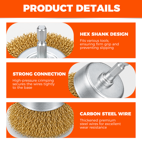 6-piece carbon steel wire wheel and cup brush set with 1/4-inch hex shank for drill, rust removal, paint stripping and metal cleaning
