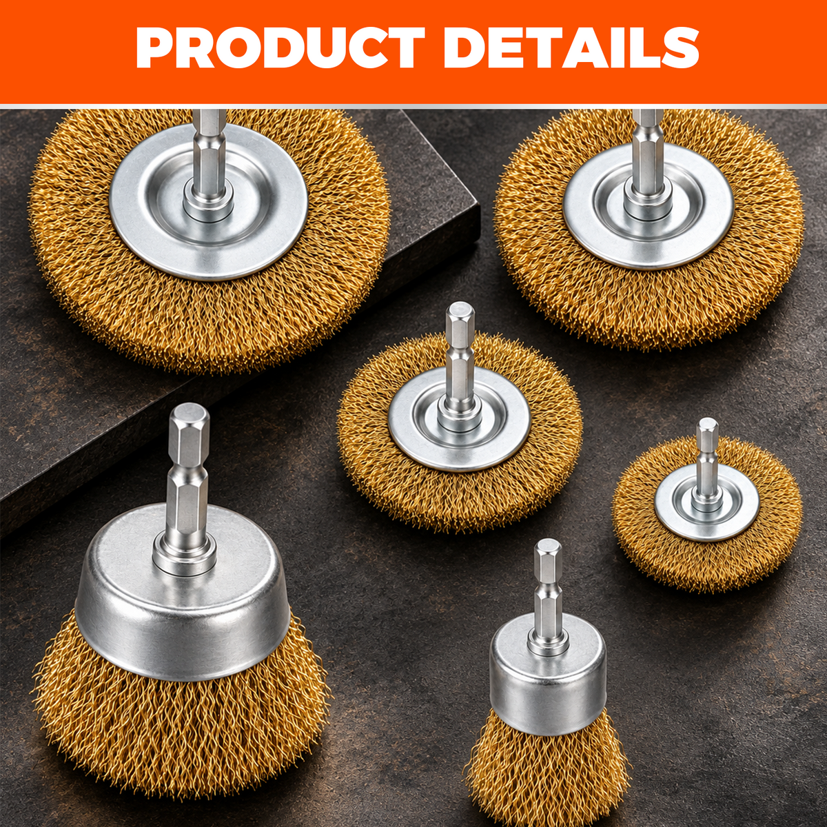 6-piece carbon steel wire wheel and cup brush set with 1/4-inch hex shank for drill, rust removal, paint stripping and metal cleaning
