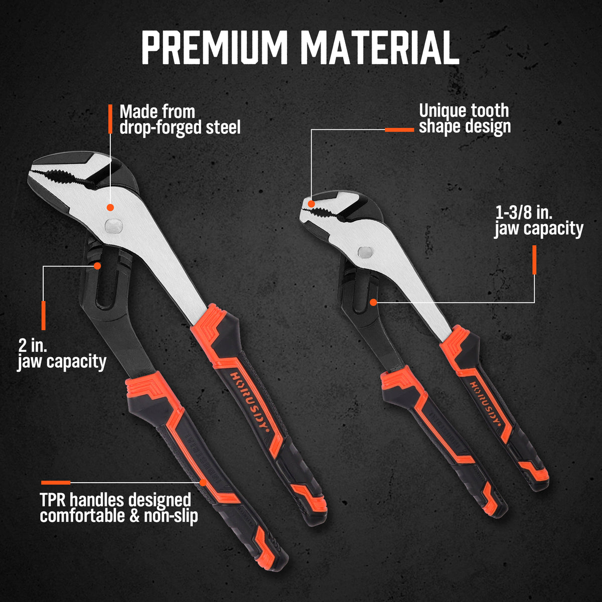 2-piece set of Groove Joint Pliers featuring 8-inch and 10-inch sizes with non-slip heavy-duty grip.