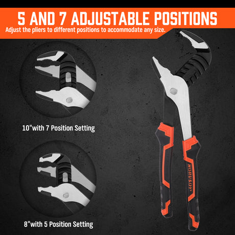 2-piece set of Groove Joint Pliers featuring 8-inch and 10-inch sizes with non-slip heavy-duty grip.