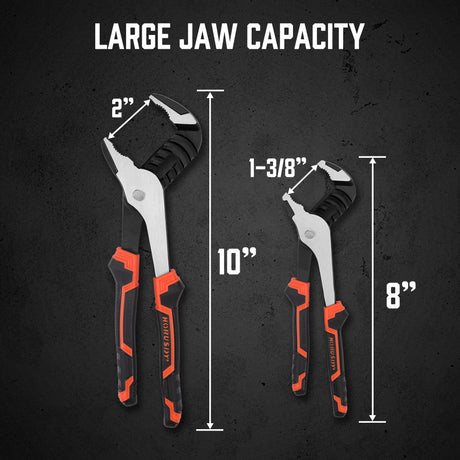 2-piece set of Groove Joint Pliers featuring 8-inch and 10-inch sizes with non-slip heavy-duty grip.