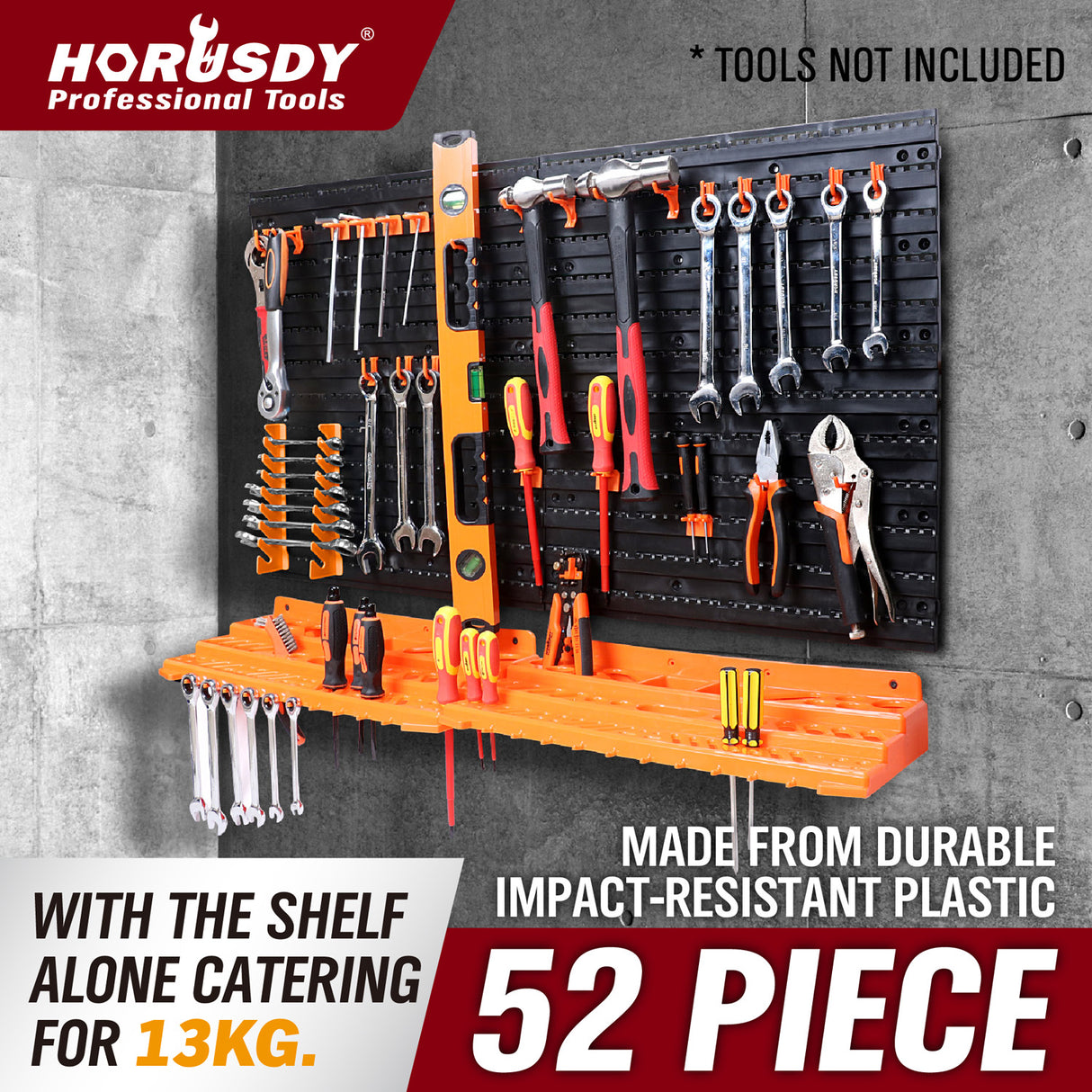 HORUSDY 52-piece wall mounted pegboard tool organizer with shelves and assorted hooks for garage and workshop storage