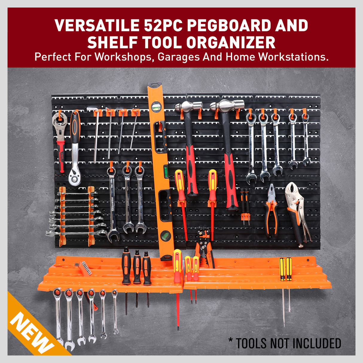 HORUSDY 52-piece wall mounted pegboard tool organizer with shelves and assorted hooks for garage and workshop storage