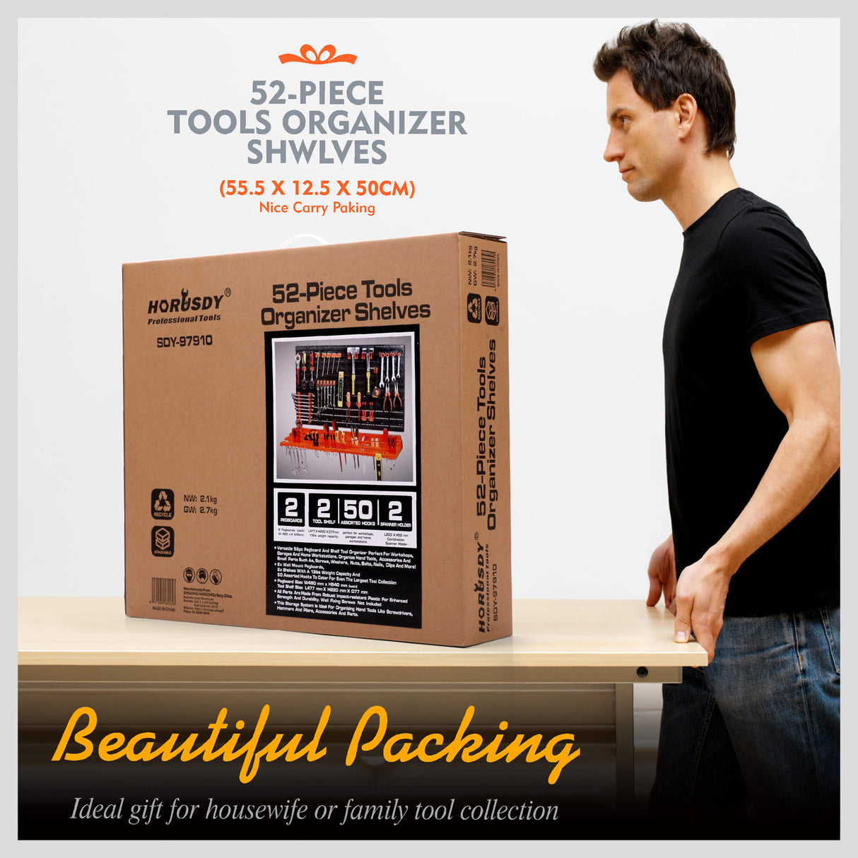 HORUSDY 52-piece wall mounted pegboard tool organizer with shelves and assorted hooks for garage and workshop storage