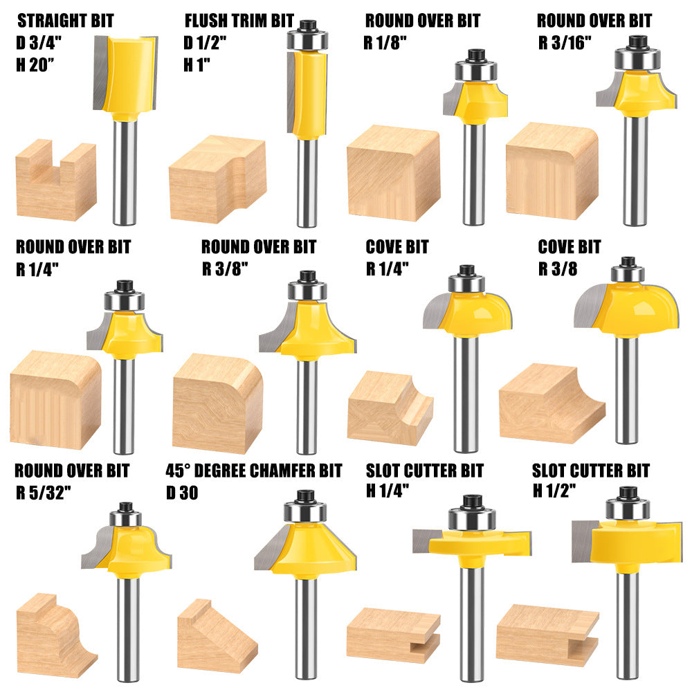 24-piece 1/4 inch shank router bits set in wooden storage case with straight, flush trim, round over, cove, chamfer, dovetail, mortising, slot cutter and grooving bits for woodworking