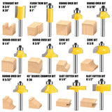 24-piece 1/4 inch shank router bits set in wooden storage case with straight, flush trim, round over, cove, chamfer, dovetail, mortising, slot cutter and grooving bits for woodworking