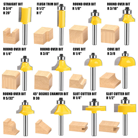 24-piece 1/4 inch shank router bits set in wooden storage case with straight, flush trim, round over, cove, chamfer, dovetail, mortising, slot cutter and grooving bits for woodworking