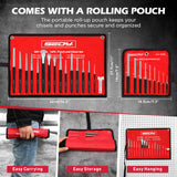 25-piece roll pin punch and punch and chisel set with CR-V steel tools, angle gauge, roll-up storage pouches and gift box