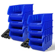 Robust Wall Mounted Bins Rack featuring 8 orange stackable plastic storage trays and 3 plastic racking, ideal for organizing small parts, tools, fishing tackle, and craft supplies. Designed to mount easily on pegboard, slot wall, or wooden studs, offering a versatile and space-saving solution for any workshop, garage, or hobby room