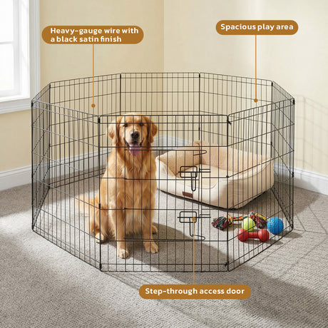 8 panel metal dog playpen 30 inch foldable pet exercise pen heavy duty puppy fence indoor outdoor with door double latch black