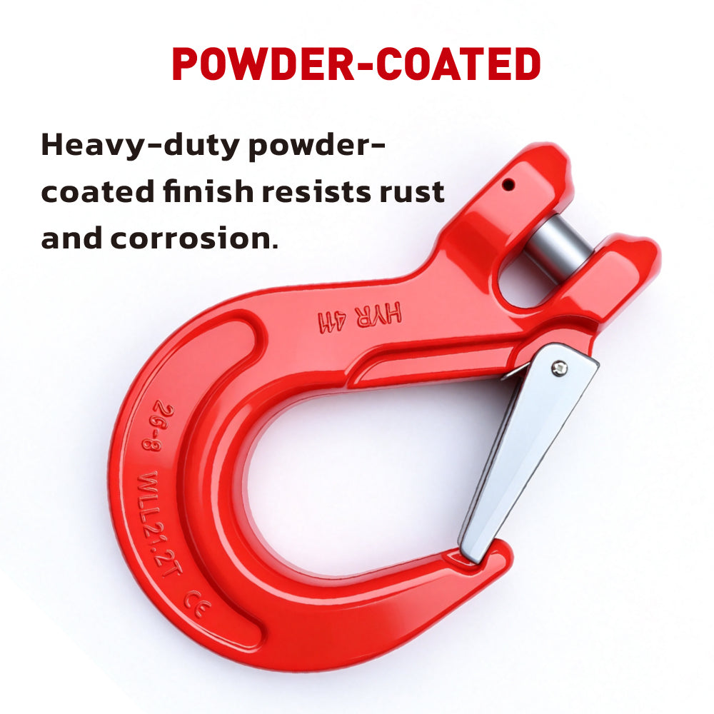 heavy-duty clevis slip hook with safety latch, cotter pin and red powder-coated finish for lifting, towing, recovery and rigging applications