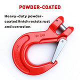 heavy-duty clevis slip hook with safety latch, cotter pin and red powder-coated finish for lifting, towing, recovery and rigging applications