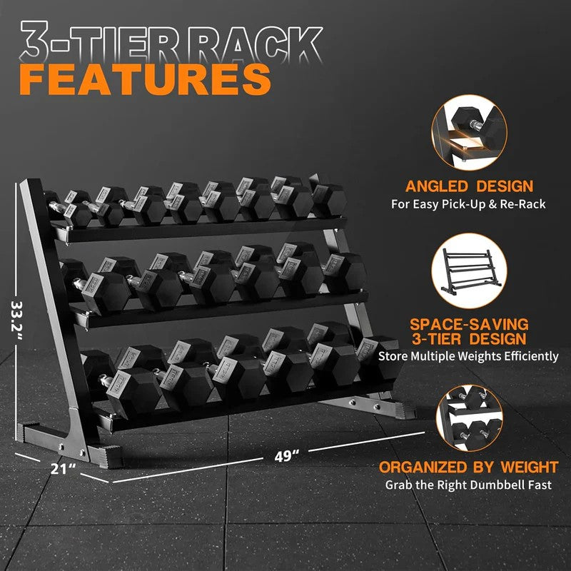 350 lb or 450 lb hex dumbbell set with 3-tier storage rack, anti-roll heads and knurled handles for home gym strength training