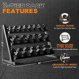 350 lb or 450 lb hex dumbbell set with 3-tier storage rack, anti-roll heads and knurled handles for home gym strength training