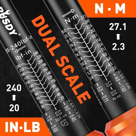 HORUSDY 3-piece click torque wrench set with 1/4, 3/8, and 1/2 inch drives, extensions, and storage case – dual scale design for accurate torque control.
