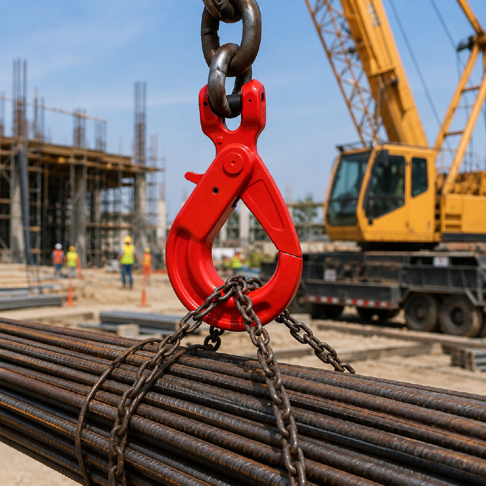 G80 clevis self-locking lifting hook with powder-coated finish and secure locking gate for chain rigging, hoisting and material handling