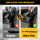 19-piece super-thin open end wrench set with 3mm slim profile, SAE and metric sizes, chrome vanadium steel construction, four-point open ends, and rolling tool pouch